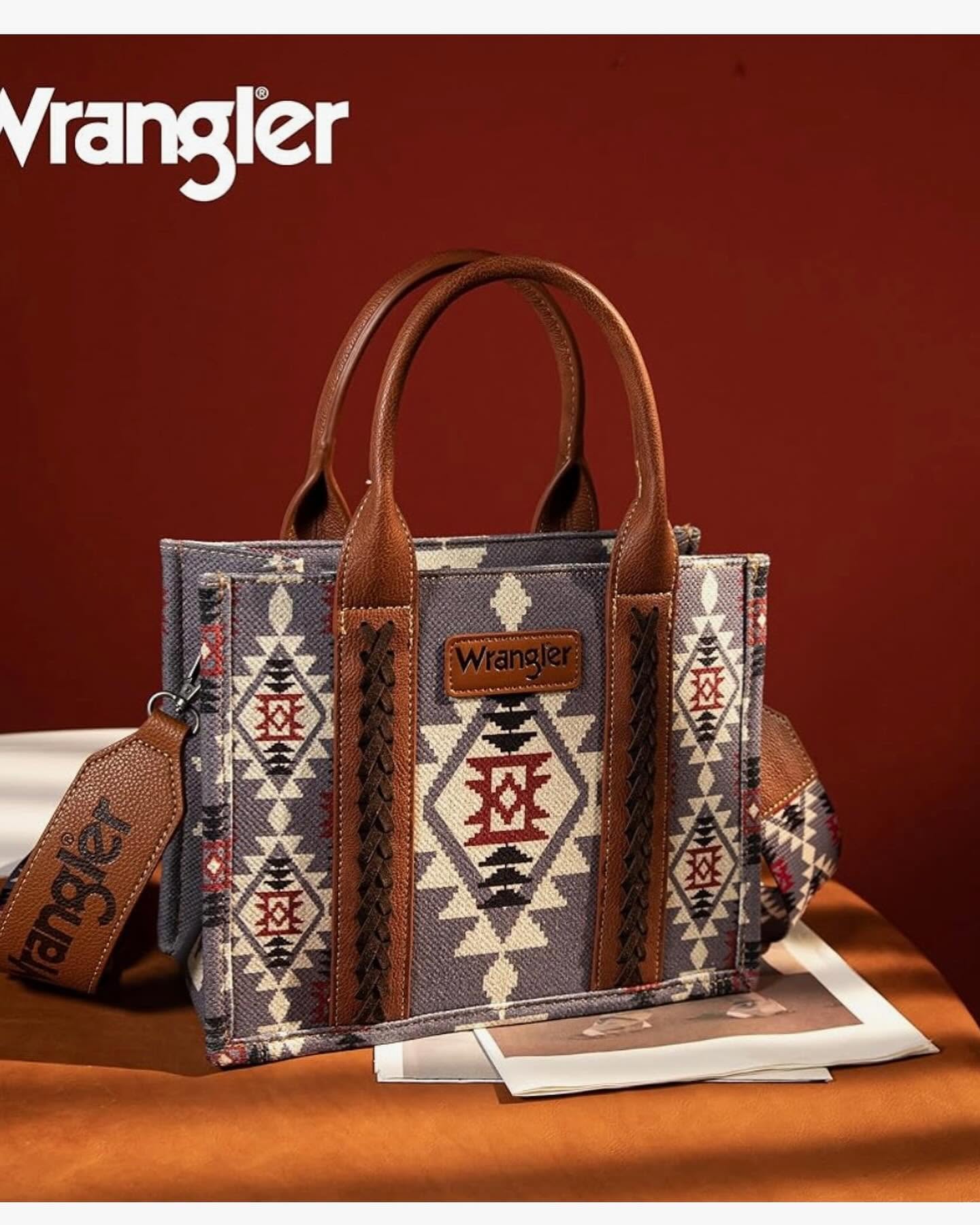 Blue-gray western patterned tote with braided brown handles and a matching crossbody strap