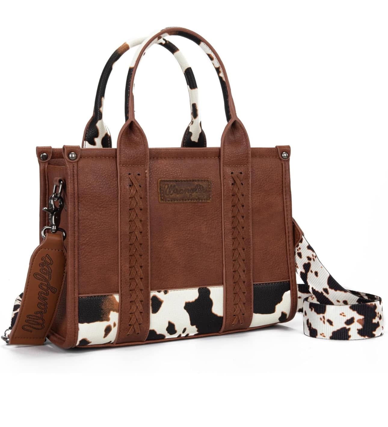 Brown leather tote with cowhide-style trim and western-inspired handles
