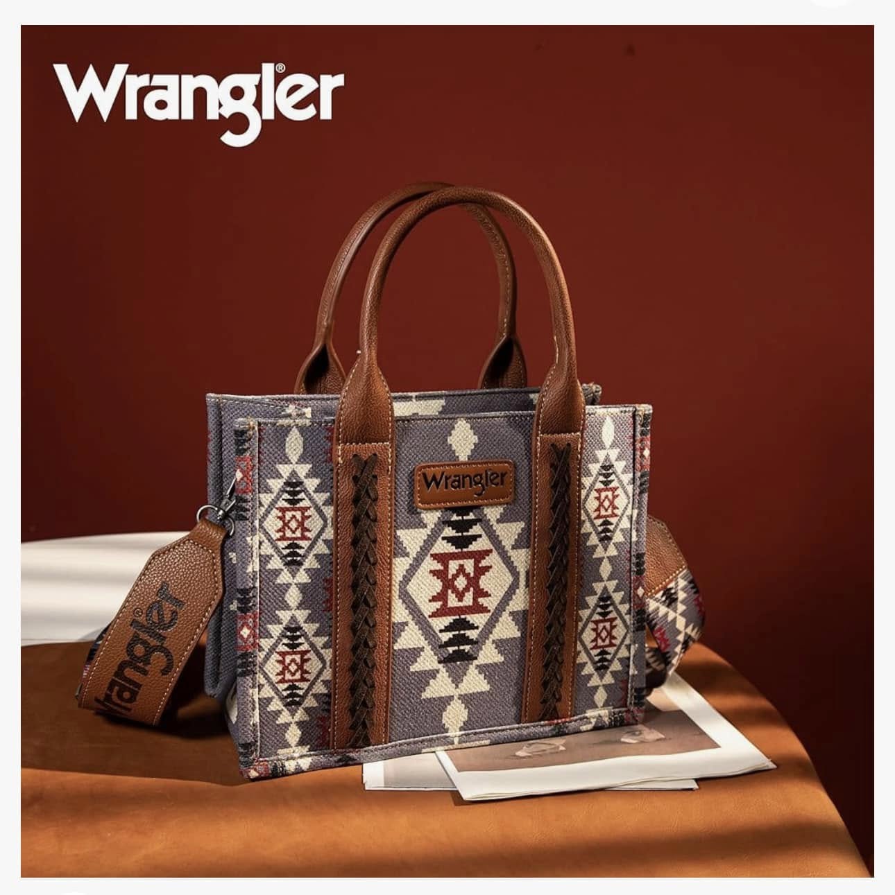 Blue-gray western print Wrangler tote bag on a warm studio set