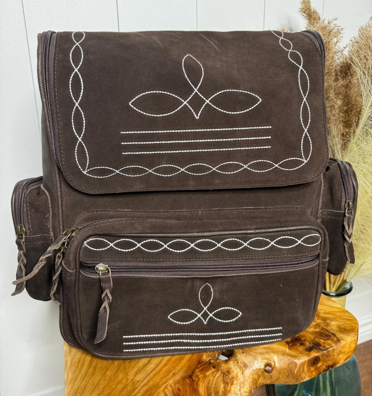 Dark suede western messenger bag with stitched white detailing